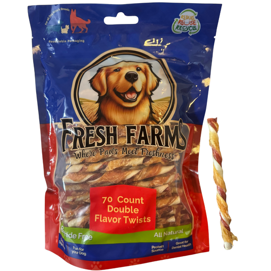 Fresh Farms Double Flavor Twists for All Dogs, 70 Count Rawhide Free Chews Made with Pork Hide and Chicken