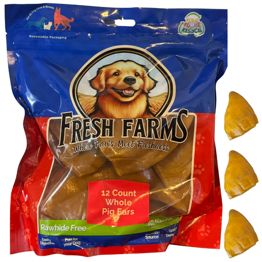 Fresh Farms Pig Ears for Dogs (12 Pack), All-Natural Whole Thick Pigs Ears, Single Ingredient & Highly Digestible, Rawhide Free - Dog Treats