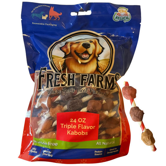 Fresh Farms Triple Flavor Kabobs Chews for All Dogs, 24 Ounces – Treat Your Dog to Chews Made from Pork Hide, Real Chicken, Duck & Chicken Liver – Rawhide Free