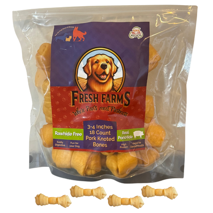 Fresh Farms 18 PK 3-4" Natural Roasted Pork Skin Knotted Bones for Dogs – Rawhide Free, Fully Digestible, Long-Lasting Chews