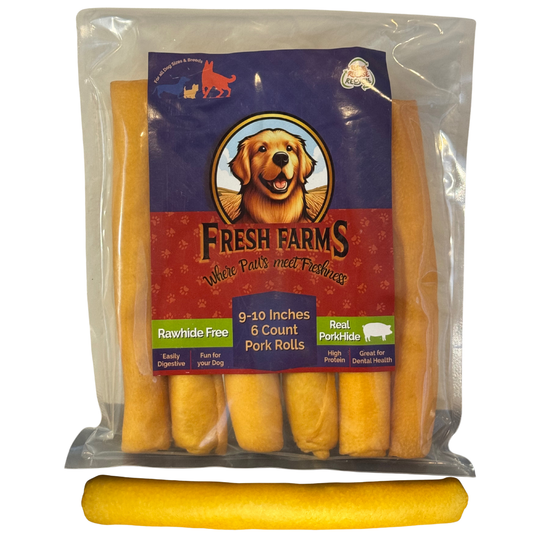 Fresh Farms 6 PK 10-Inch Roasted Pork Skin Rolls for Dogs – Rawhide Free, Natural Chews, Easily Digestible