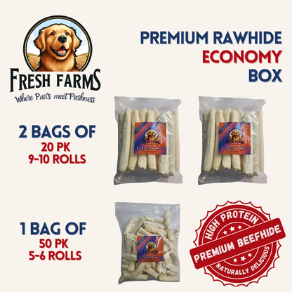 Premium Rawhide Economy Box: 2 Bags 20PK 9-10" Rolls + 1 Bag 50PK 5-6" Rolls
