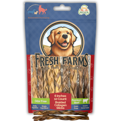 Braided Collagen Sticks for Dogs (10 Pack 6" Inches) – Long-Lasting Alternative to Bully Sticks, Rawhide-Free Collagen Chews with Chondroitin & Glucosamine for Joint Support & Dental Health