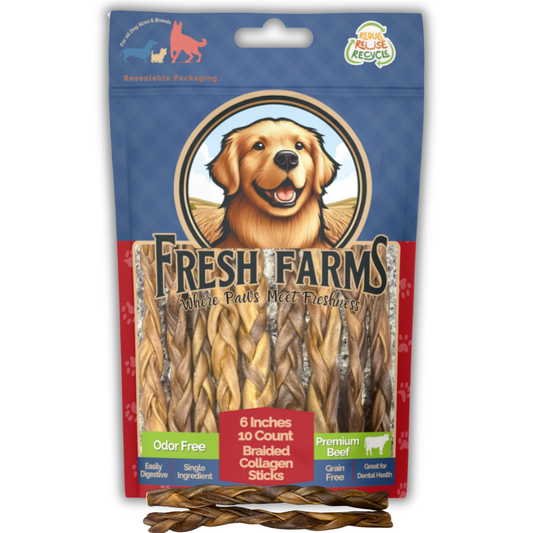 Braided Collagen Sticks for Dogs (10 Pack 6" Inches) – Long-Lasting Alternative to Bully Sticks, Rawhide-Free Collagen Chews with Chondroitin & Glucosamine for Joint Support & Dental Health