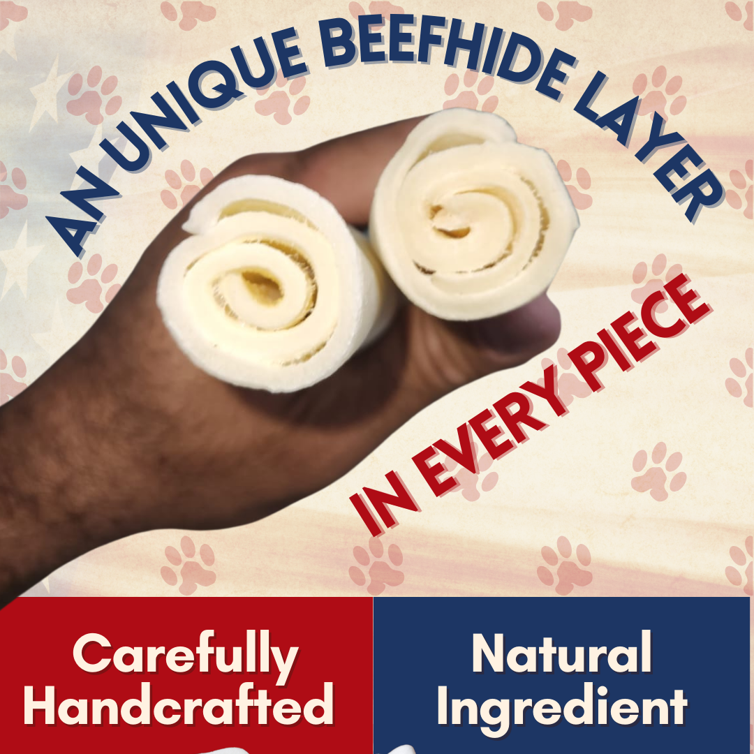 50 Units Per Pack of  Natural Rawhide 5-6" Rolls Value Pack: One Single Layer Premium Cut Rawhide Dog Chews Long Lasting, no Small Pieces, for Aggressive chewers. No preservatives, Perfect Natural Dog Care.