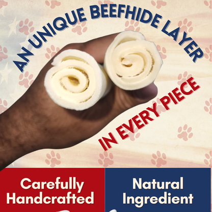 50 Units Per Pack of  Natural Rawhide 5-6" Rolls Value Pack: One Single Layer Premium Cut Rawhide Dog Chews Long Lasting, no Small Pieces, for Aggressive chewers. No preservatives, Perfect Natural Dog Care.