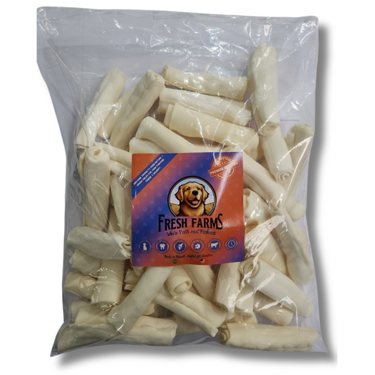 50 Units Per Pack of  Natural Rawhide 5-6" Rolls Value Pack: One Single Layer Premium Cut Rawhide Dog Chews Long Lasting, no Small Pieces, for Aggressive chewers. No preservatives, Perfect Natural Dog Care.